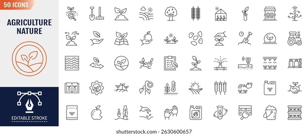 Agriculture nature line editable icon set. Editable stroke. Vector illustration