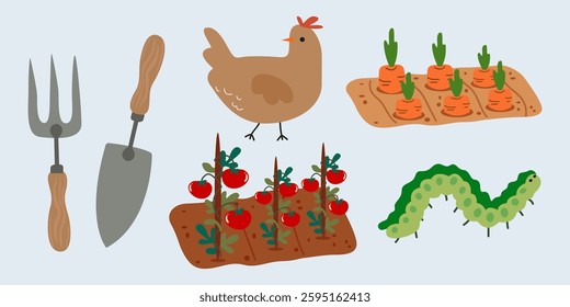Agriculture objects cartoon isolated collection. Rural life, growing vegetables, fruits and flowers, caring for farm animals. Gardening and countryside lifestyle. Spring hobby