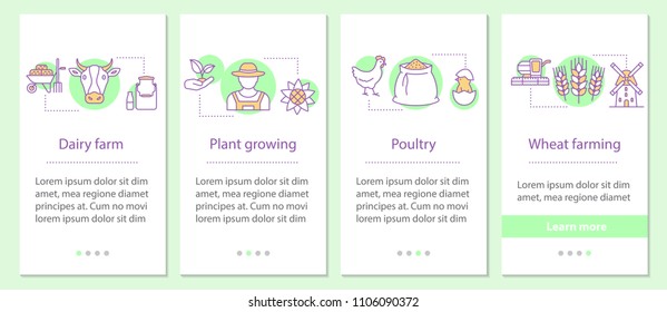 Agriculture onboarding mobile app page screen with linear concepts. Dairy and poultry farms, plants growing, wheat farming steps graphic instructions. UX, UI, GUI vector template with illustrations