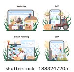 Agriculture online service or platform set. Farming food cultivation and production. Village groceries harvesting. IIoT, VPP, smart farming, website. Isolated flat illustration