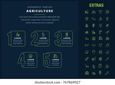 Agriculture options infographic template, elements and icons. Infograph includes options, line icon set with agriculture food, farm animal, agricultural business, farming tools, organic fruit etc.