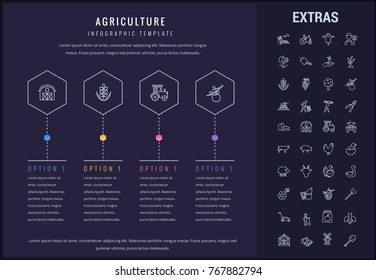 Agriculture options infographic template, elements and icons. Infograph includes four options, line icon set with agriculture food, farm animal, agricultural business, farming tools, organic fruit etc