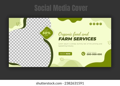 Agriculture and organic food farming service social media cover, post and web banner design template with abstract green leaf color shape