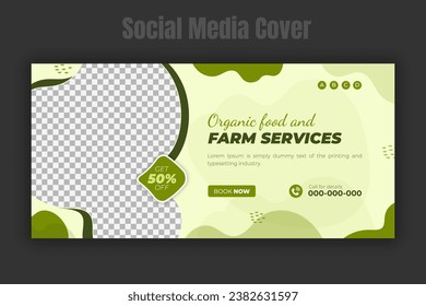 Agriculture and organic food farming service social media cover, post and web banner design template with abstract green leaf color shape