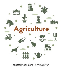 Agriculture and Organic Food icons set on white background. Agriculture Tools and Organic Food vector pictograms.