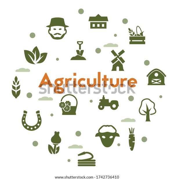 Agriculture and\
Organic Food icons set on white background. Agriculture Tools and\
Organic Food vector\
pictograms.