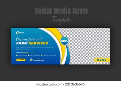 Agriculture and organic food service social media cover or post design and business web banner template cover for farm promotion with abstract blue gradient and yellow color shapes