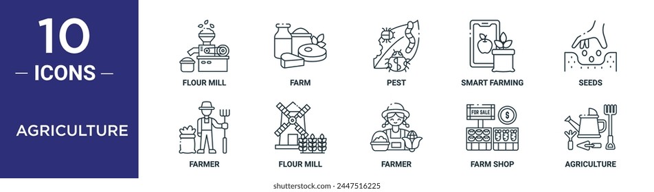 el conjunto de iconos de esquema de agricultura incluye molino de harina de línea fina, granja, plaga, agricultura inteligente, semillas, agricultor, iconos de molino de harina para informe, presentación, diagrama, Diseño web