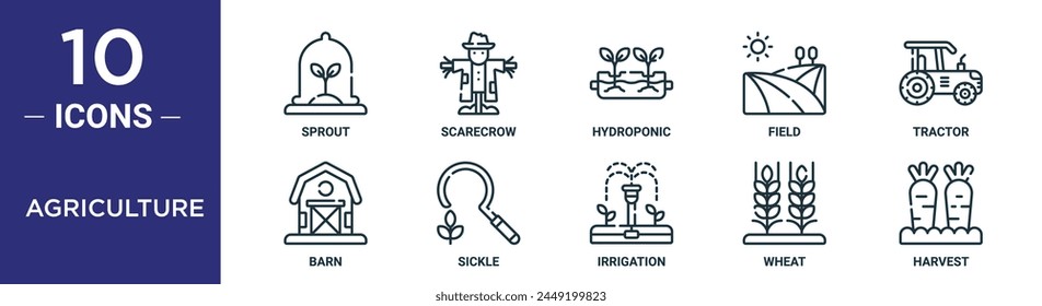 agriculture outline icon set includes thin line sprout, scarecrow, hydroponic, field, tractor, barn, sickle icons for report, presentation, diagram, web design