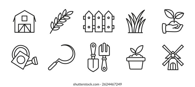 Agriculture outline icon set. Line vector illustrations of farm tools, plants and growth. Farming and gardening symbols for agricultural apps, eco projects and rural development materials.