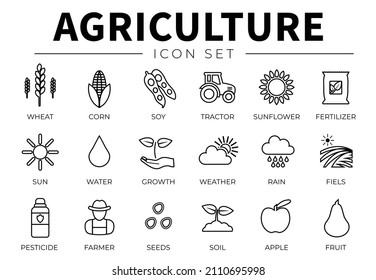 Agriculture Outline Icon Set of Wheat, Corn, Soy, Tractor, Sunflower, Fertilizer, Sun, Water, Growth, Weather, Rain, Fields, Pesticide, Farmer, Seeds, Soil, Apple, Fruit Icons