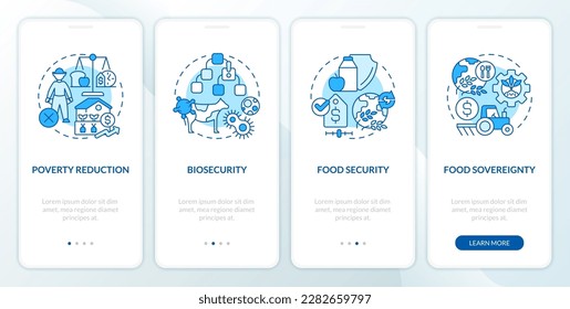 Agriculture policy concerns blue onboarding mobile app screen. Walkthrough 4 steps editable graphic instructions with linear concepts. UI, UX, GUI template. Myriad Pro-Bold, Regular fonts used