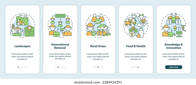 La política agrícola se centra en el abordaje de la pantalla de aplicaciones móviles. Recorrido 5 pasos instrucciones gráficas editables con conceptos lineales. UI, UX, plantilla GUI. Multitud de tipos de letra Pro-Bold, con uso regular