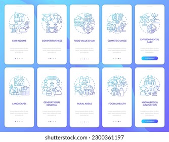 Agriculture policy goals blue gradient onboarding mobile app screens set. Walkthrough 5 steps graphic instructions with linear concepts. UI, UX, GUI template. Myriad Pro-Bold, Regular fonts used