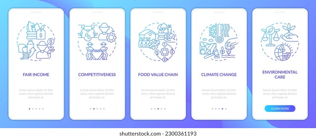 Agriculture policy objectives blue gradient onboarding mobile app screen. Walkthrough 5 steps graphic instructions with linear concepts. UI, UX, GUI template. Myriad Pro-Bold, Regular fonts used
