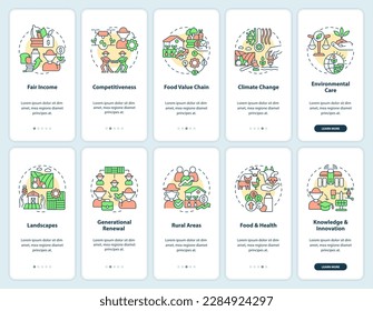 Objetivos de la política agrícola tipos de aplicaciones móviles a bordo establecidos. Recorrido 5 pasos instrucciones gráficas editables con conceptos lineales. UI, UX, plantilla GUI. Multitud de tipos de letra Pro-Bold, con uso regular