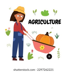 Impresión agrícola con una linda agricultora que lleva una calabaza en un carrito. Fondo de verano al estilo de las caricaturas. Ilustración del vector