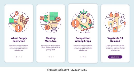 Agriculture problems onboarding mobile app screen. Farm challenges walkthrough 4 steps editable graphic instructions with linear concepts. UI, UX, GUI template. Myriad Pro-Bold, Regular fonts used