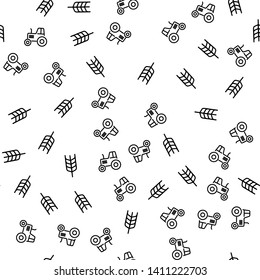 Agriculture Production Seamless Pattern Vector. Tractor, Agrimotor Or Harvester, Spike Of Wheat Natural Agriculture Monochrome Texture Icons. Bio Farming Template Flat Illustration