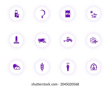 agriculture purple color vector icons on light round buttons with purple shadow. agriculture icon set for web, mobile apps, ui design and print