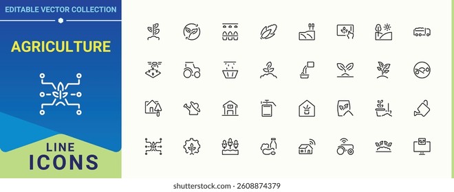 Agriculture related icon. Includes thin line symbols gardening, plant, organic, garden, agronomy, harvest and more. Farming simple icon set. Thin line icons set. Vector artwork and illustration.