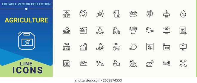 Agriculture related icon. Includes thin line symbols gardening, plant, organic, garden, agronomy, harvest and more. Farming simple icon set. Thin line icons set. Vector artwork and illustration.