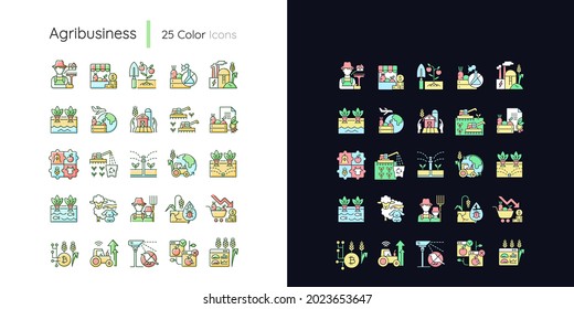 Agriculture related light and dark theme RGB color icons set. Growing vegetables and fruits. Isolated vector illustrations on white and black space. Simple filled line drawings pack