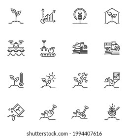 Agriculture related line icons set, outline vector symbol collection, linear style pictogram pack. Signs, logo illustration. Set includes icons as smart farming, gardening, watering, harvester truck