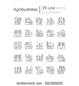 Agriculture related linear icons set. Growing vegetables and fruits. Agricultural technology in farming. Customizable thin line contour symbols. Isolated vector outline illustrations. Editable stroke