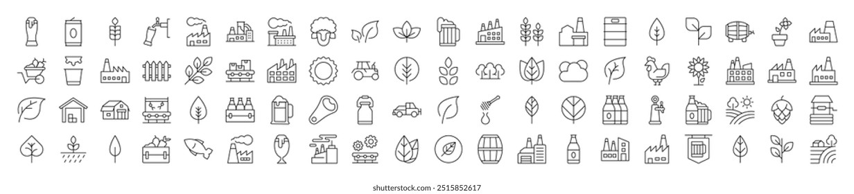 Agriculture Related Thin Icons Collection. Contains Icons of Tractor, Plantation, Harvest.  Editable Stroke. Suitable for Web Sites, Books, Cards, Apps