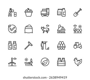 Agriculture related vector linear icons set. Contains such icons as harvest, crop production, livestock, tractor, field and more. Isolated agriculture related icons collection on white background.