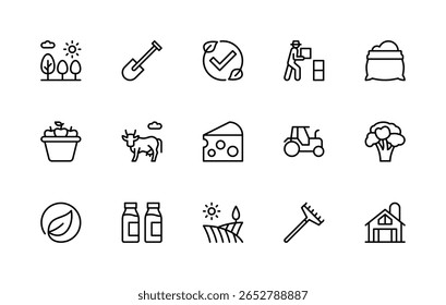 Agriculture related vector linear icons set. Isolated icon collection such as farmer, agricultural machinery, harvest, crop production, cow and more. Isolated icon collection of agriculture related.
