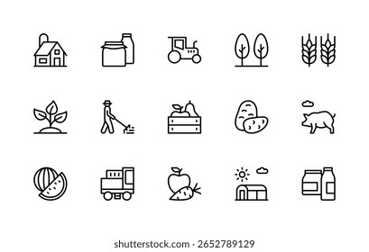 Agriculture related vector linear icons set. Isolated icon collection such as agriculture, agro, farm, farmer, agricultural machinery and more. Isolated icon collection of agriculture related.