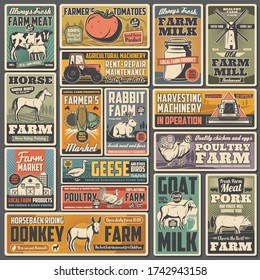 Agriculture retro posters with vector farm animals, tractor, barn and field, vegetable and milk food. Cow, chicken and pig, village landscape, wheat, harvest crop plants and garden, windmill and horse