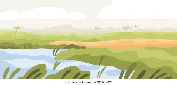 Agriculture rice field landscape. Asian farm land with crop and water. Indian farmland in summer. Plantation panorama with sky, mist and grass. Colored flat vector illustration of rural scenery