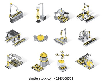 Robots agrícolas 3d iconos isométricos establecidos. Empaquetar elementos de equipo de cultivo inteligente, brazos robóticos y máquinas para el cultivo de plantas y la recolección. Ilustración vectorial en diseño isométrico moderno