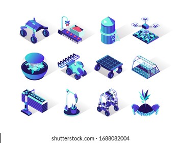 Agriculture robotisation isometric icons set. Growing seedling, hydroponic, spray chemical and harvesting automation. Smart robotic farmers in agriculture, futuristic technology 3d vector isometry.