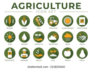 Agriculture Round Icon Set with Wheat, Corn, Soy, Tractor, Sunflower, Fertilizer, Sun, Water, Growth, Weather, Rain, Fields, Pesticide, Farmer, Seeds, Soil, Apple, Fruit Icons.