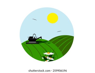 agriculture. In a round window, green fields with flowers and the car 