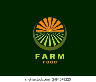 Agriculture rural farm field icon. Vibrant round emblem represents farming and food production, green and orange colors symbolizes growth and sustainability, for business in the agricultural industry