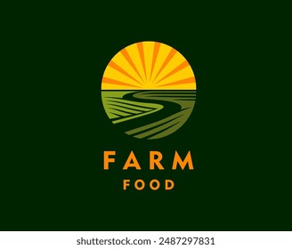 Agriculture rural farm field icon with natural landscape. Isolated vector round badge for healthy natural products. Sun shining above lush green meadow. Ripe crop and harvest on ranch, bread produce