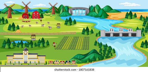 Agriculture rural landscape scene illustration