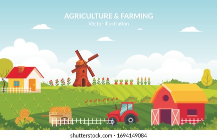 Agriculture Rural landscape vector background. organic farm products, agriculture tool and machine, windmill, red barn and house.