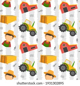 Agriculture Seamless Pattern with Farmer, Farmhouse, Hay Bale, and Tractor. You can use this design to create poster, tshirt, pillow, tote bag, pouch, phone case, etc.