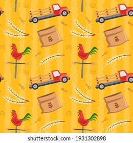 Agriculture Seamless Pattern with Wheat Ear, Wheat Bag, Farm Truck, and Weather Vane. You can use this design to create poster, tshirt, pillow, tote bag, pouch, phone case, etc.