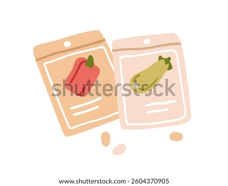 Agriculture seed packets, pouches, bag packs for vegetable cultivation, growing, planting. Bell pepper and zucchini grain for farming, gardening. Flat vector illustration isolated on white background