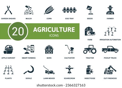 La agricultura. Iconos creativos: cizalladuras de jardín, muleta, maíz, bandeja de huevos, semillas, granjero, granja, automatización de riego, cosecha de manzanas, cultivo inteligente, granero, cultivador, tractor, camioneta, plantas, hoz