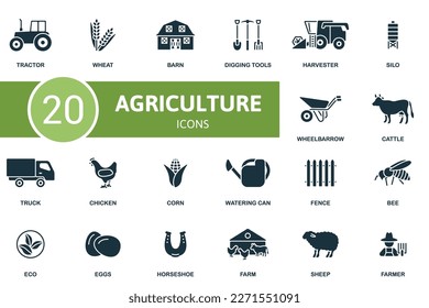 Agriculture set. Creative icons: tractor, wheat, barn, digging tools, harvester, silo, wheelbarrow, cattle, truck, chicken, corn, watering can, fence, bee, eco, eggs, horseshoe, farm, sheep, farmer.