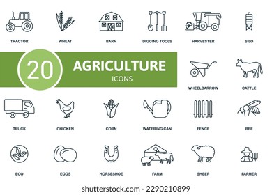 La agricultura. Iconos creativos: tractor, trigo, granero, herramientas de excavación, cosechador, silo, carretilla, ganado, camión, pollo, maíz, lata de riego, cerca, abeja, eco, huevos, herradura, granja, oveja, agricultor.