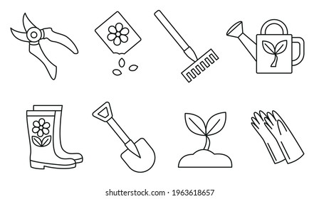 Agriculture set of icons vector illustration - pruner, seeds, rake, watering can, rubber boots, spade sprout, gloves